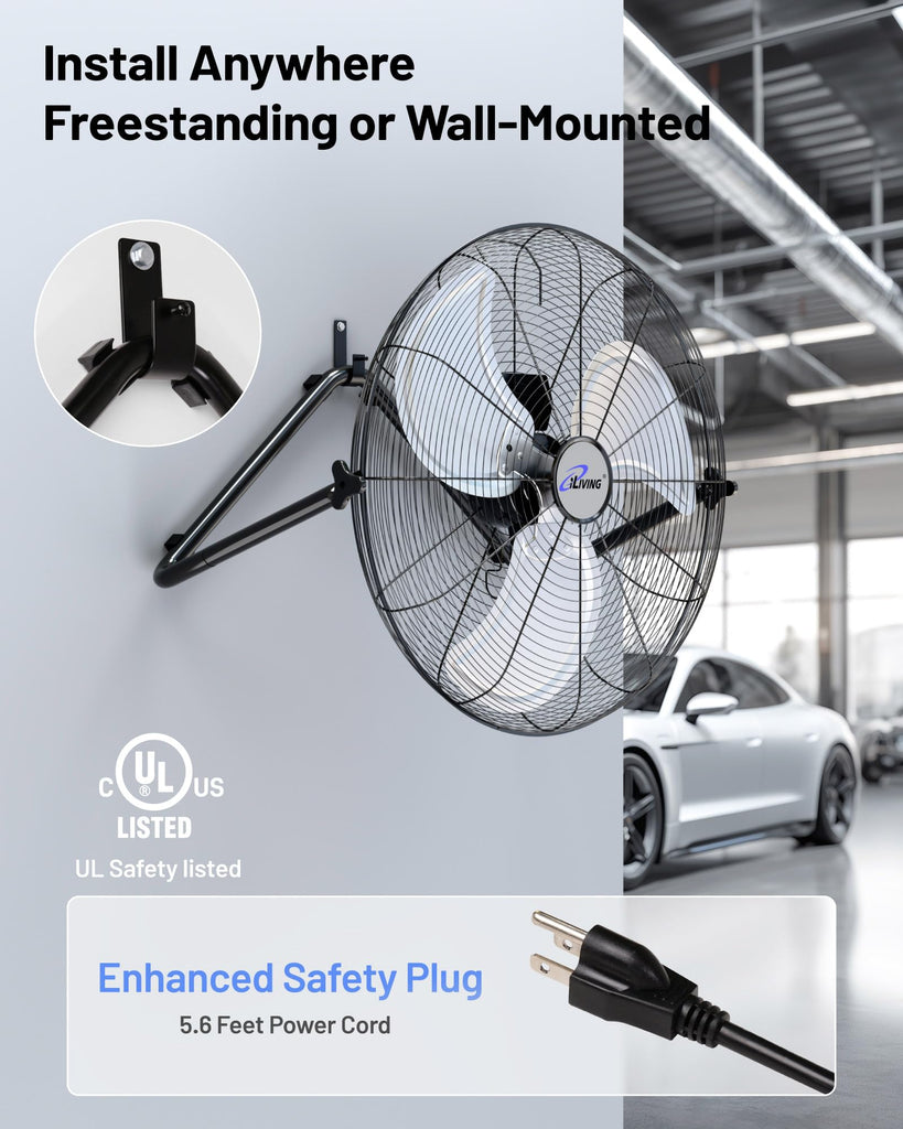 20 Inch Heavy Duty Floor & Wall Mount Fan - 5750 CFM High Velocity, 120-Watt, 3-Speed, Industrial Cooling for Garage
