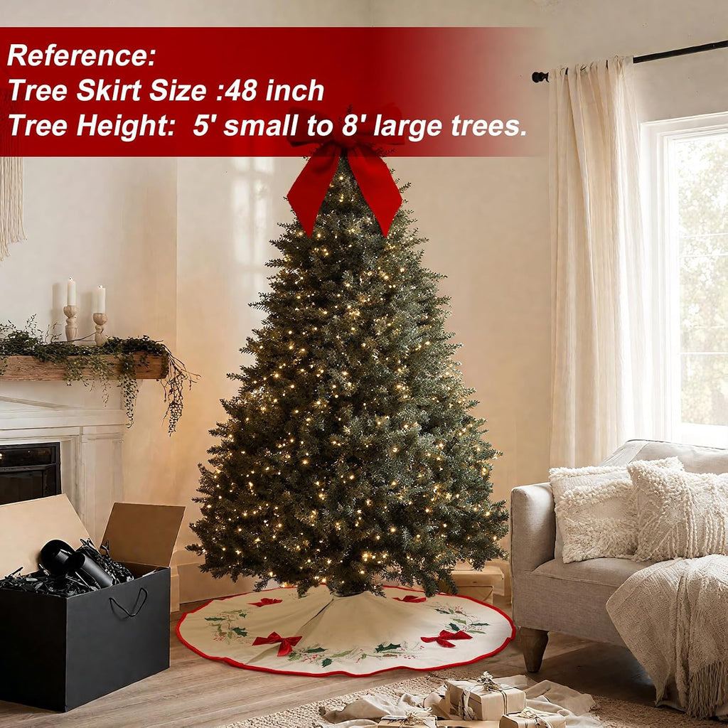 48 Inch Velvet Christmas Tree Skirt Red Bow Holly Embroidery