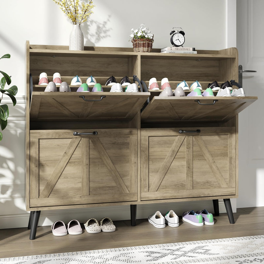 Farmhouse Shoe Cabinet Storage with 4 Flip Drawers, Rustic Oak丨Shoe Cabinet Slim, Freestanding Shoe Cabinet