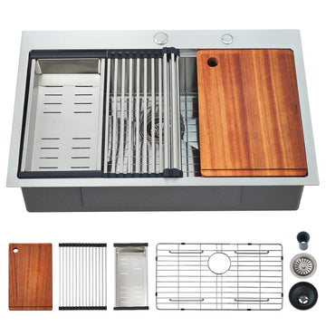 33 x 22 Drop in 16 Gauge Stainless Steel Kitchen Sinks Single Bowl Workstation Sink with Cutting Board