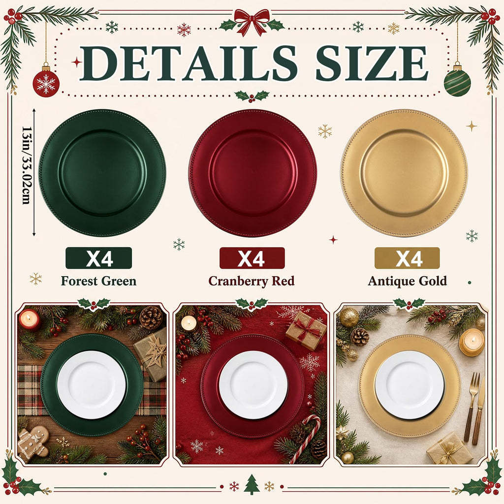 12 Pcs Christmas Charger Plates with Beaded Rim 13 Inch Reusable