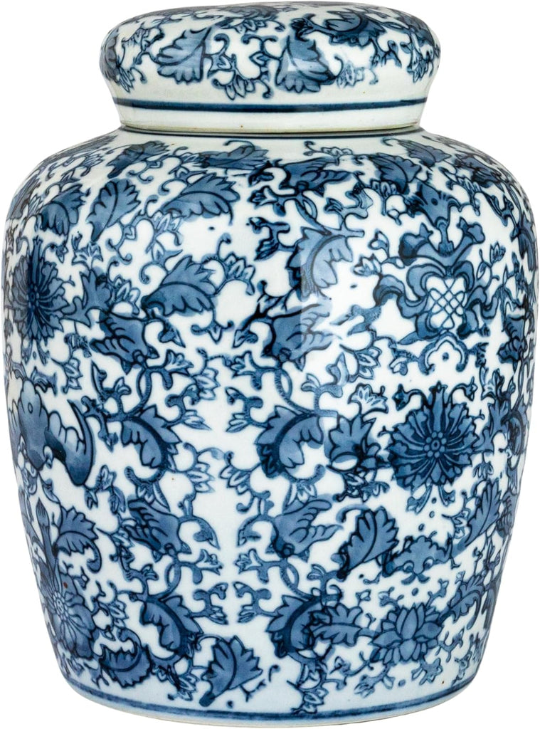 Medium Decorative Ceramic Ginger Jar with Lid, Blue and White Floral Pattern