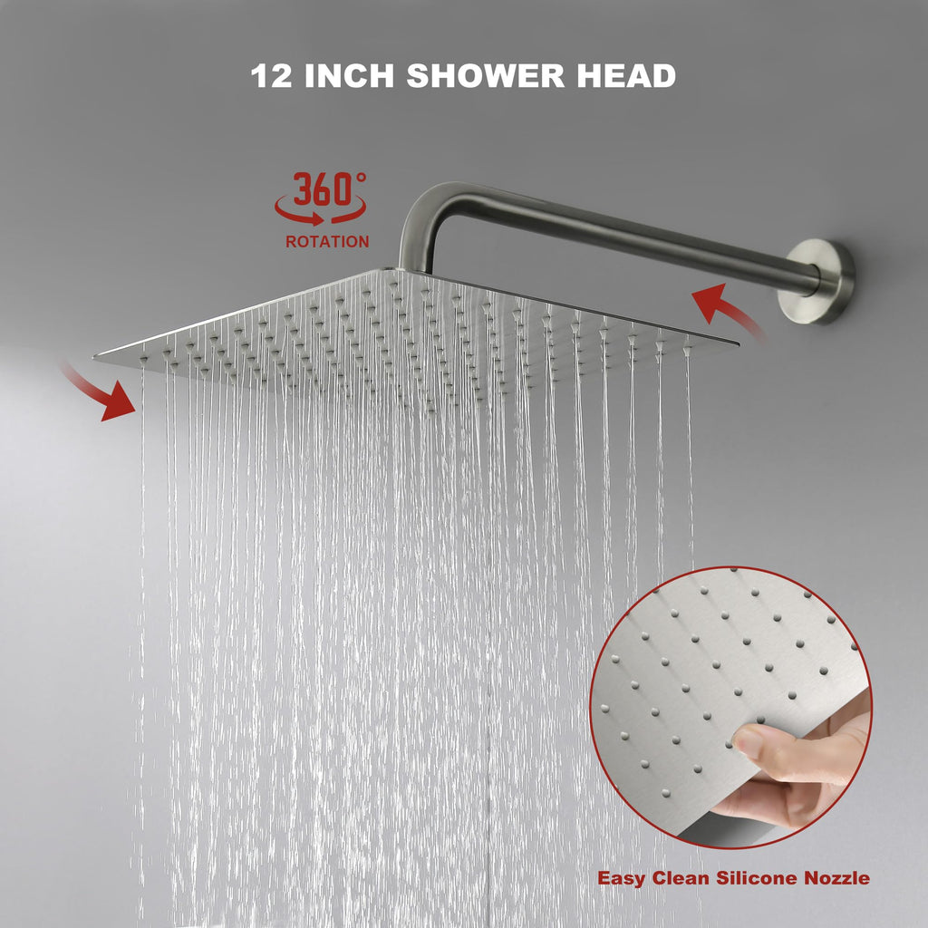 Shower Faucet Set - 12 inches Rain Shower System with 6 Function Handheld Shower Head Rough in Pressure Balance Valve