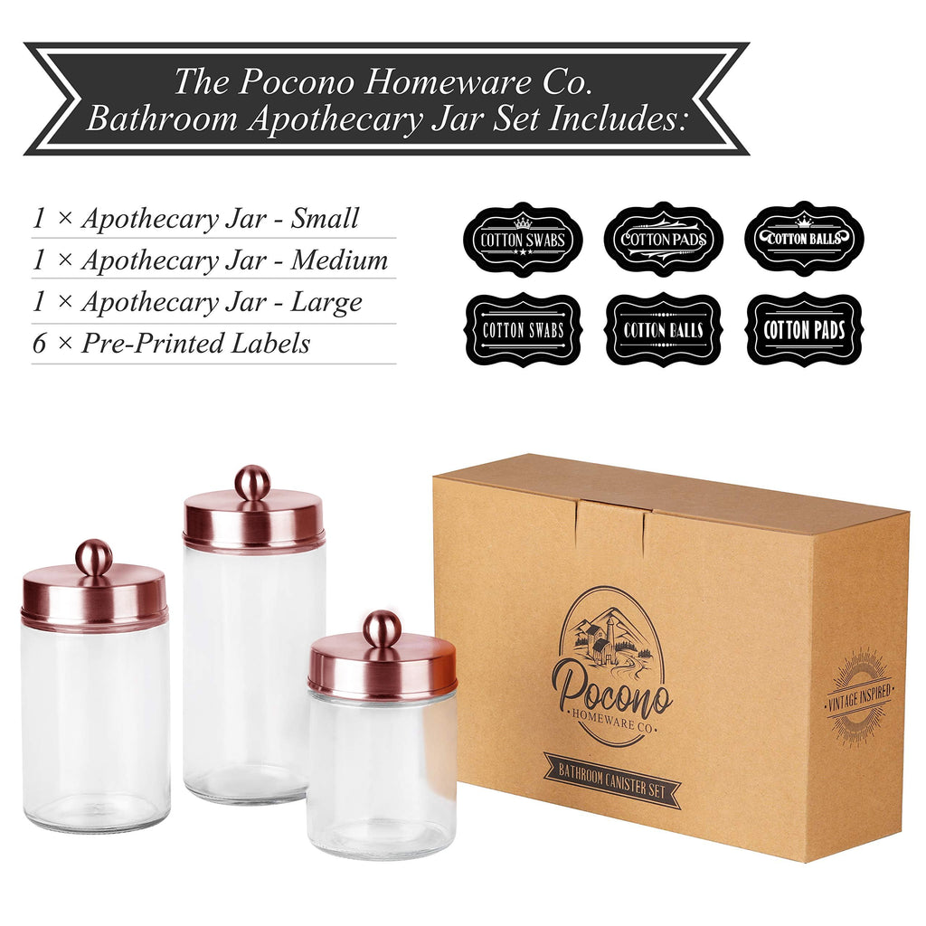 Apothecary Jars 3 Pack - Glass Bathroom Containers with Stainless Steel Lids - Rustic Farmhouse Decor Bathroom