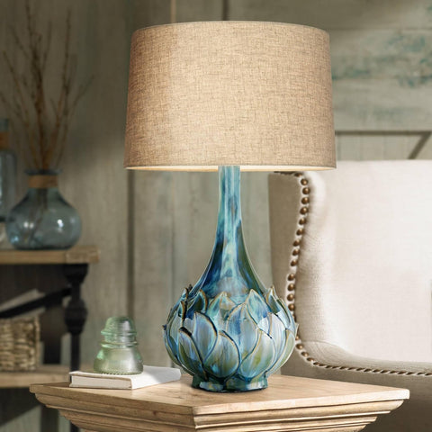 Possini Euro Design Kenya Modern Tropical Table Lamp with USB Dimmer 29 1/2" Tall Blue Green Glaze C