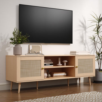Rattan TV Stand for 55/60/65/70 inch TV, Boho 59" Entertainment Center with Storage, Modern Mid Century Media Console