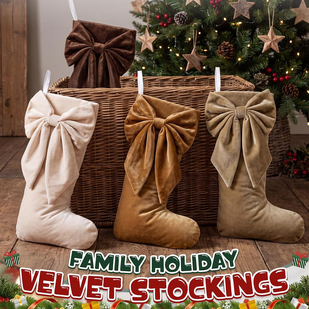 4 Pack Brown Series Velvet Christmas Bow Stockings 18" Coquette
