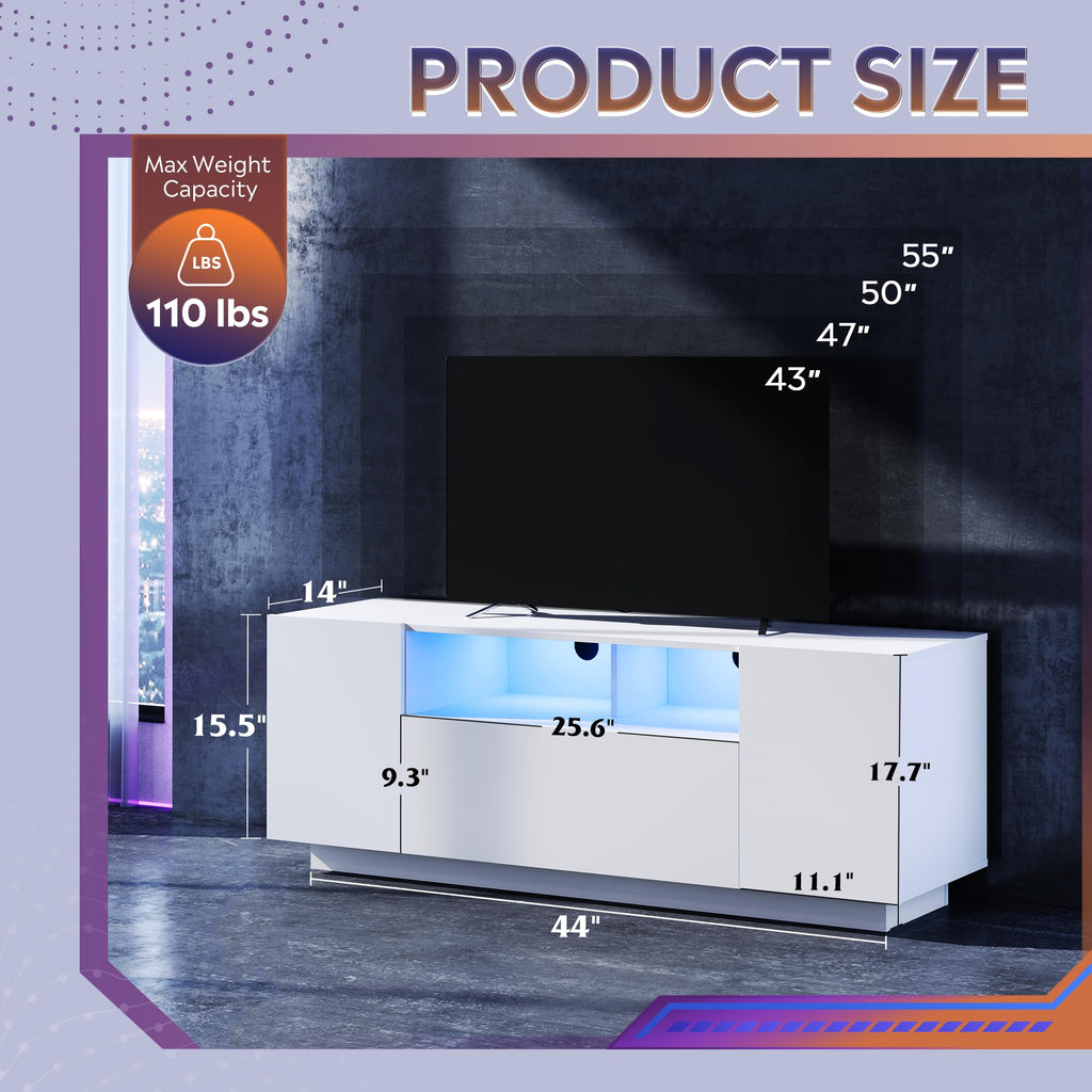 TV Stand with LED Lights & Large Storage Cabinet, Modern Entertainment Center for 32/43/50/55 Inch TVs, Sturdy Media