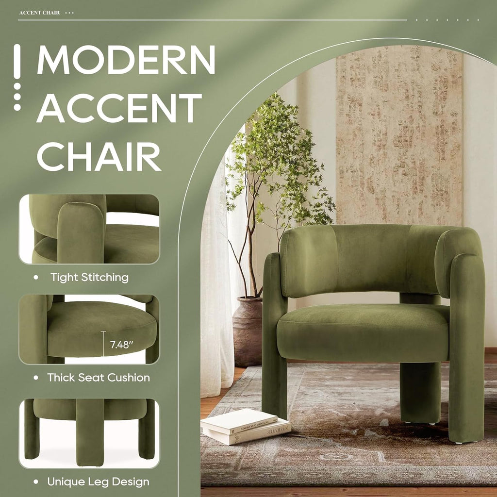 Modern Velvet Accent Chair Set of 2, Upholstered Barrel Chairs, Comfy Side Arm Chairs with 3 Legs , Reading, Green