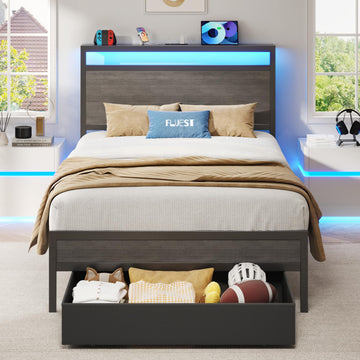 Bed Frame, Bed Frame with Storage Headboard & Storage Drawer, Charging Station & LED Light, No Box Spring