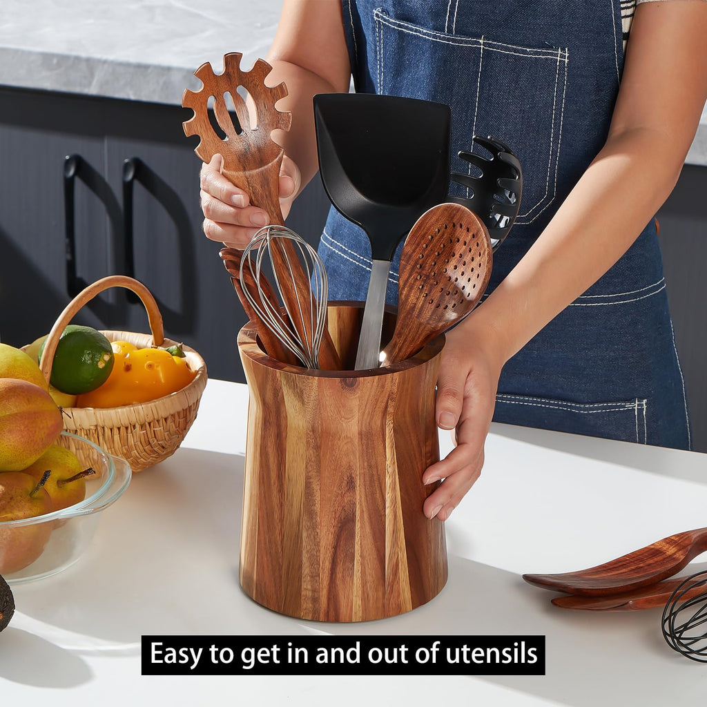 Wooden Utensil Holder for Countertop, 360° Rotating Kitchen Utensil Holder, 7.2"x 6" Large Acacia Wood Crock