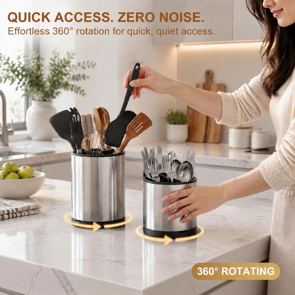 Extra Large Utensil Holder Counter,360°Rotating Stainless Steel