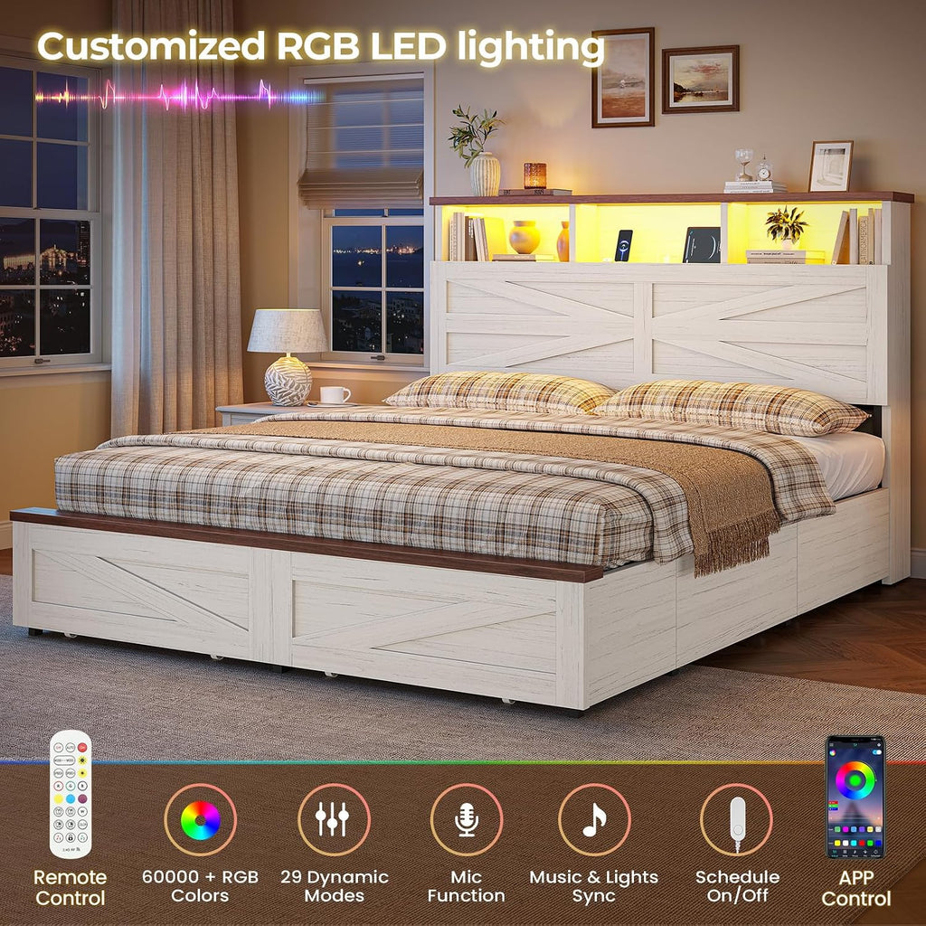 Queen Bed Frame with 6 Drawers, Farmhouse Bed Frame with Barn Door Headboard and Storage, Wood Platform Bed Frame