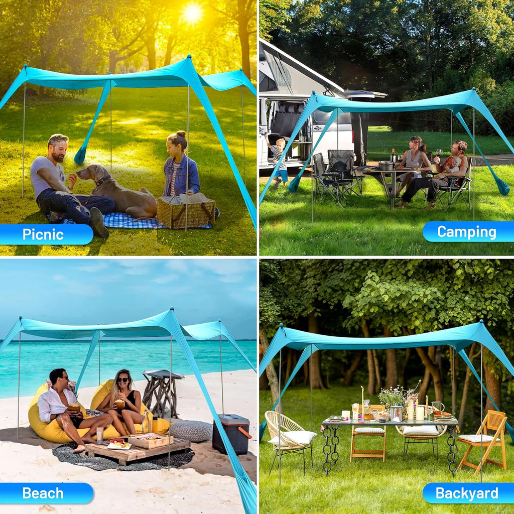 Family Beach Tent Canopy Sun Shade, Pop Up Grande Beach Tent Sun Shelter Stability 4 Poles with Portable Carry Bag