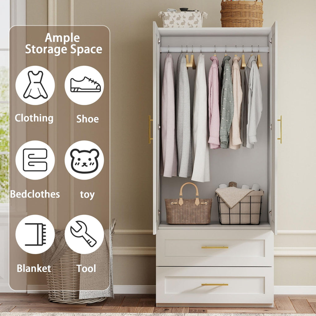 White Armoire Wardrobe Closet with 6 Drawers, 75" Tall x 94.5" Wide