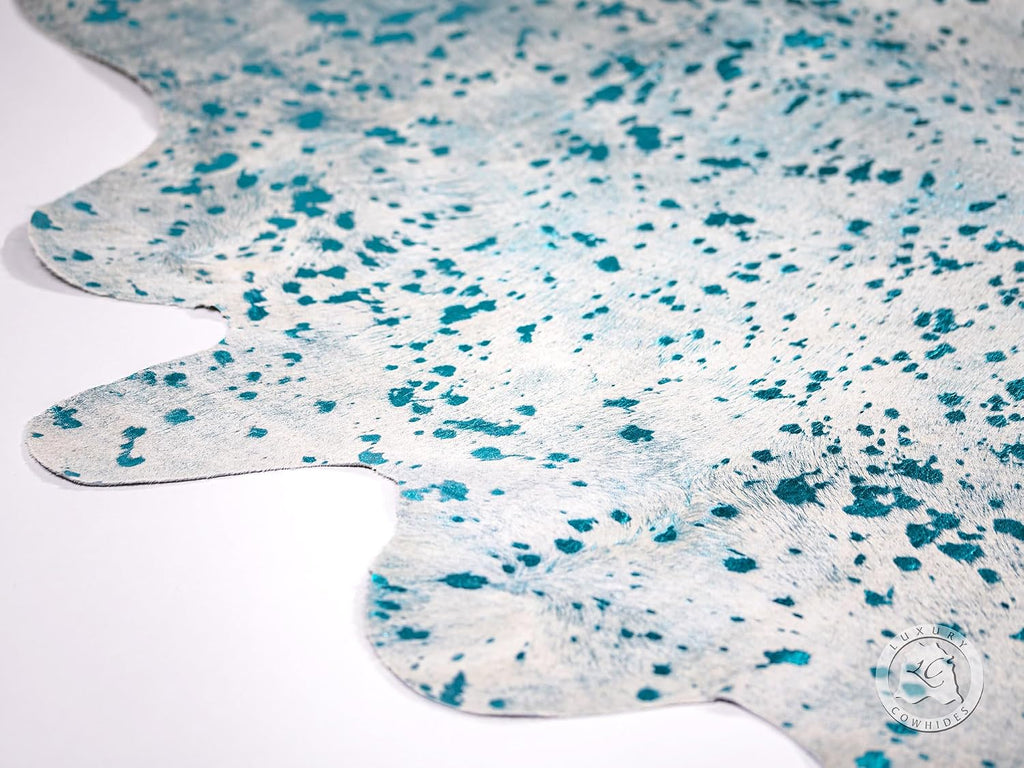 100% Genuine Metallic Blue Turquoise on Off White Cowhide Rug - Modern Style Animal Skin Rug & Floor Carpet & More