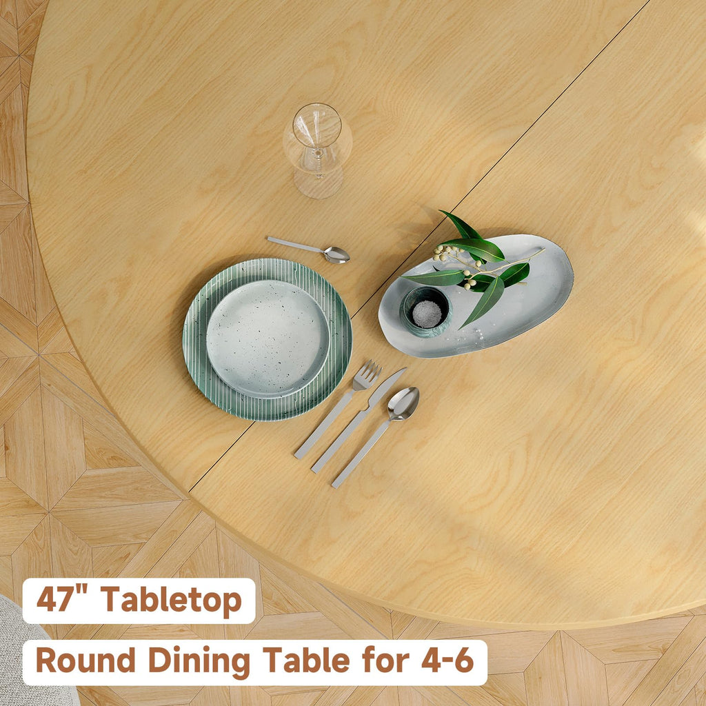 47" Round Dining Table, Circle Fluted Kitchen Table Only Oak