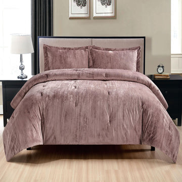 Crinkle Velvet Comforter Set, 3 Pieces Dusty Mauve Queen, Crinkle Velvet Face and Brushed Microfiber Reverse, with