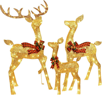 3-Piece Large Deer Family - Lighted Christmas 3D Reindeer Outdoor Yard Decoration Set w/ 210 LED Lights, Stakes, Zip