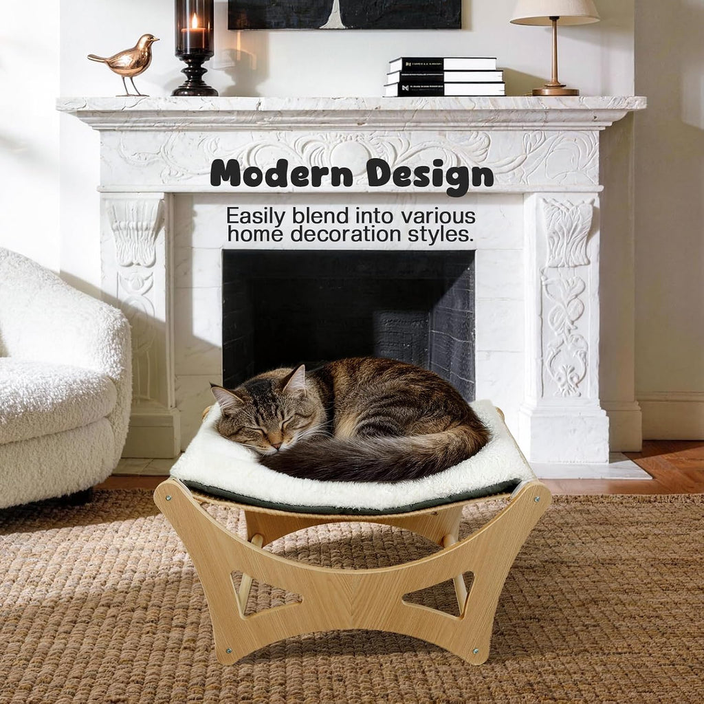 Cat Hammock Bed, Wooden Elevated Cat Beds with Natural Sisal Scratching Mat, Cats Scratcher Bed with Removable Soft