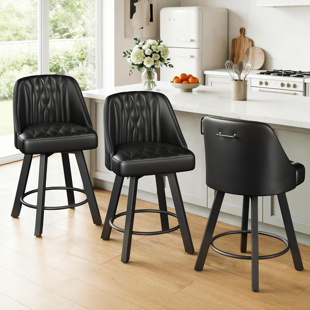 Swivel Bar Stools with Backs, 26 Inches Counter Height Bar Stools Set of 3, PU Leather Upholstered Counter Barstools