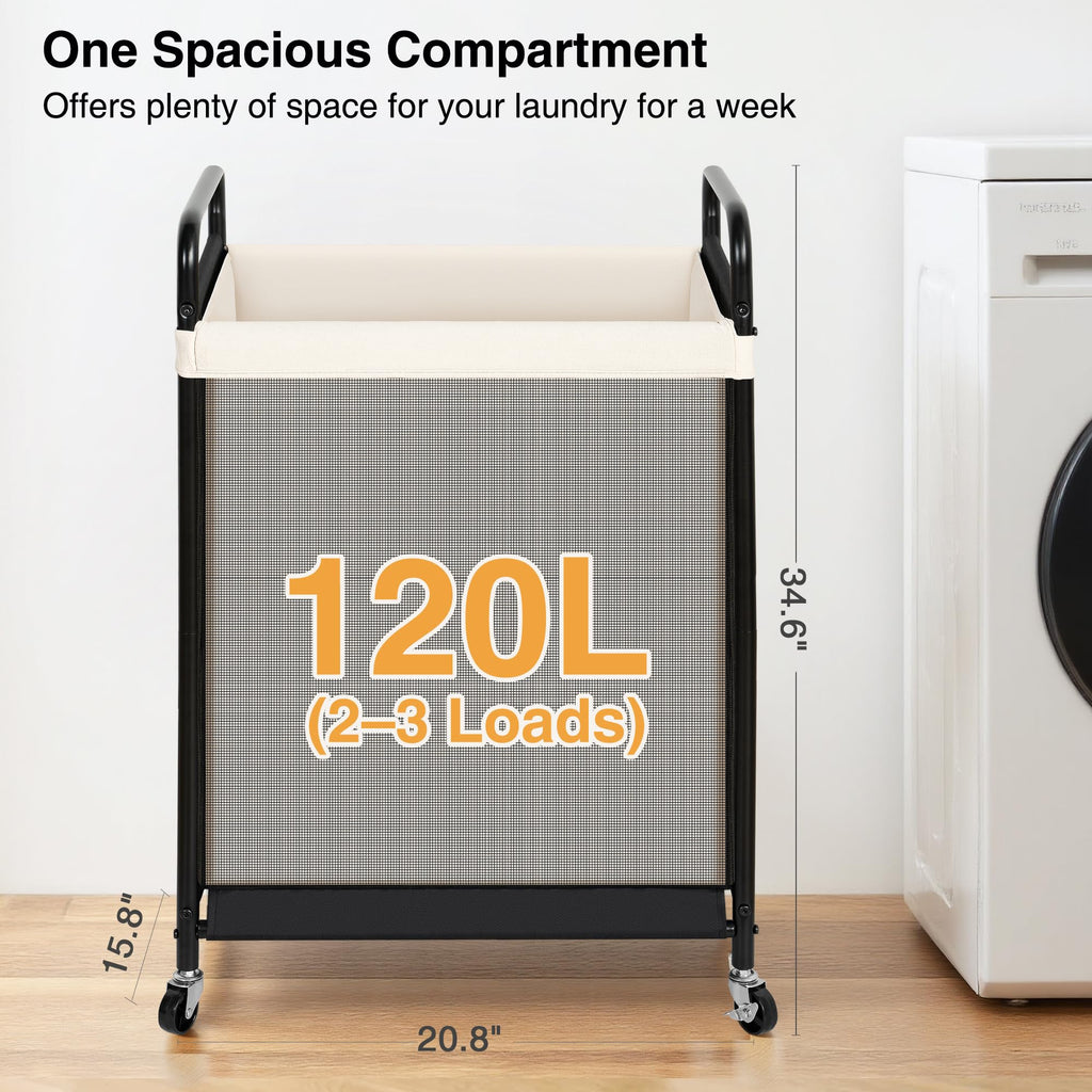 1-Section Laundry Hamper with Wheels, 120L Rolling Laundry Basket