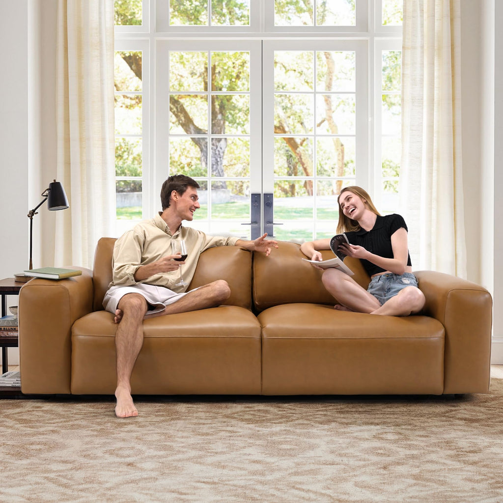 95" Oversized PU Leather Sofa, Comfy Sofa Couch with Extra Deep Seats, Wide Arm, Down Filled 3-Seater Sofa