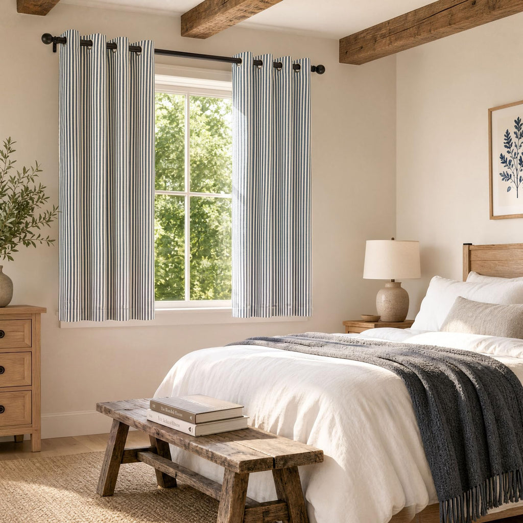 100% Blackout Blue Striped Curtains Bedroom