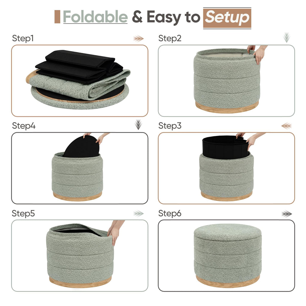 22.8" Round Chenille Storage Ottoman, Reversible Lid, Sage Green