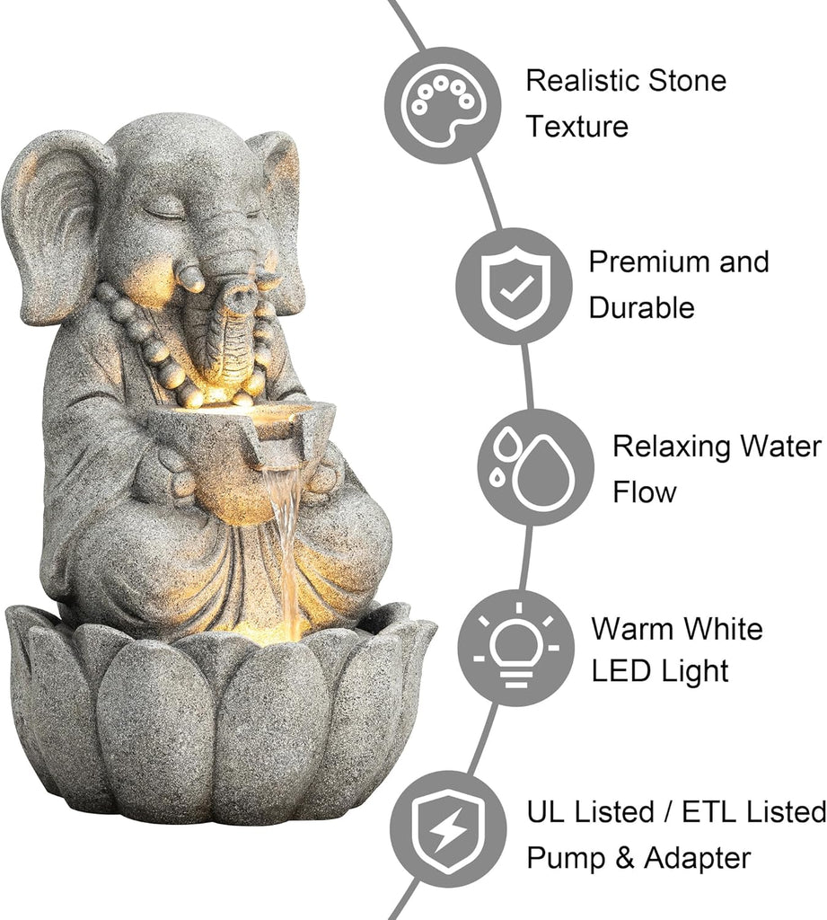 Outdoor Fountains and Waterfalls Zen-Style Concrete Resin Elephant Water Fountains with LED & Pump, Garden Patio