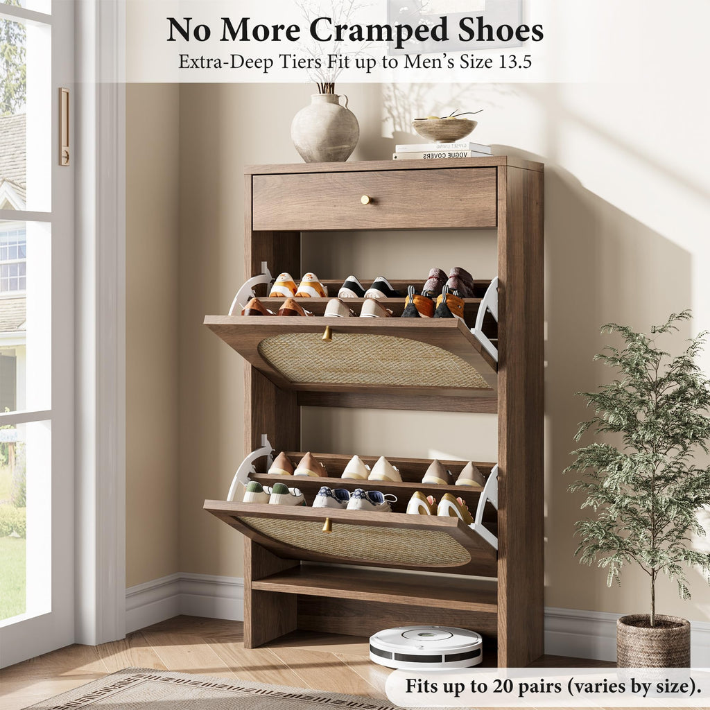 Shoe Storage Cabinet, Slim Shoe Rack with 2 Flip Drawers and Top Storage Drawer, Narrow Shoe Organizer with Arched