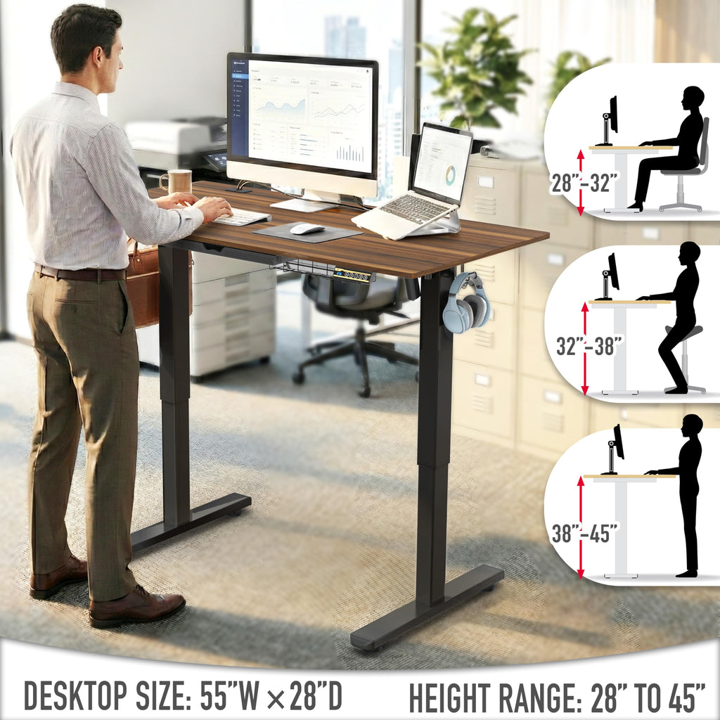 55 x 28 Electric Height Adjustable Standing Desk w/Drawer, Walnut