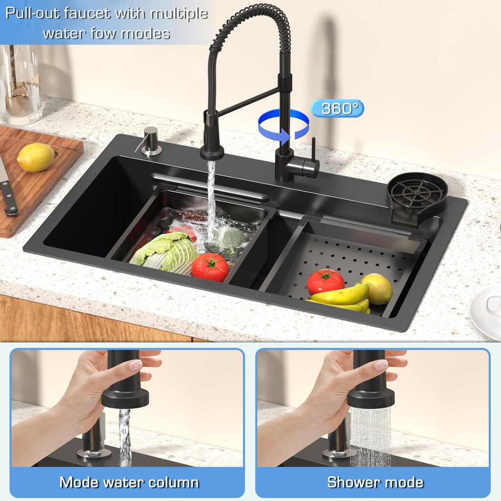 26.7 Inch Black Drop Sink with Faucet, Workstation