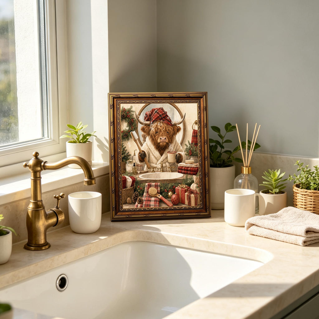 Christmas Highland Cow Wall Art (Christmas Art-C, 16x24in, Framed)