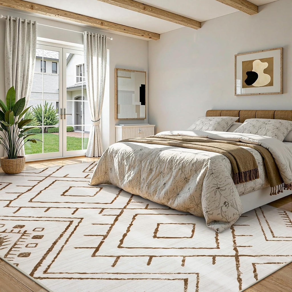 Moroccan 8x10 Area Rug, Beige Washable Rugs Bedroom, Non Slip Western Tribal Rug Low Pile Geometric Large Area Rugs