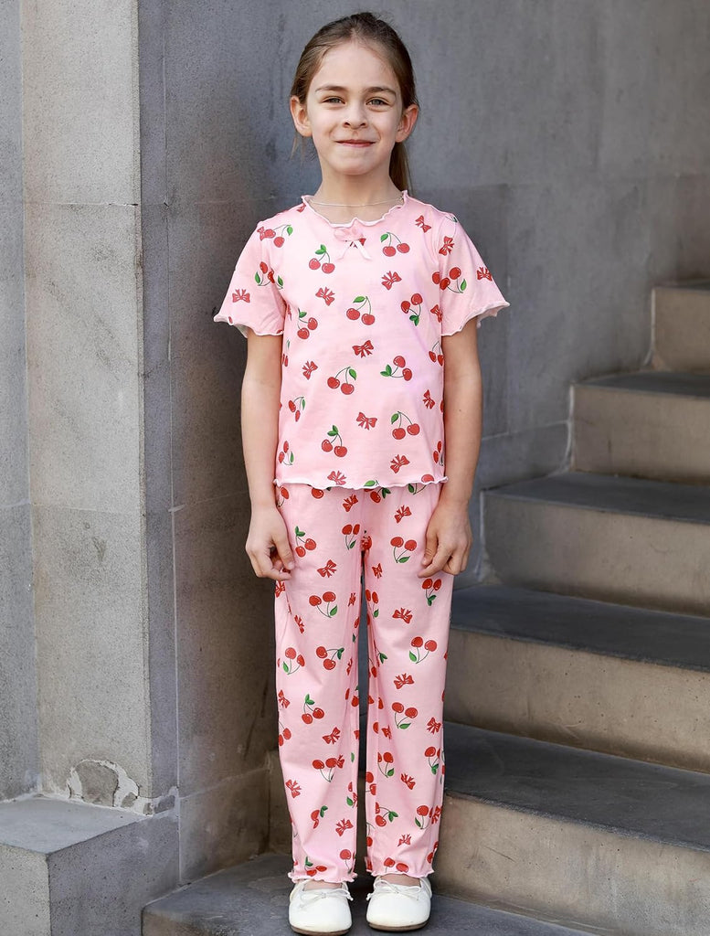 Girls Pajamas Short Sleeve Long Pant Sleepwear Soft Shirring Pjs