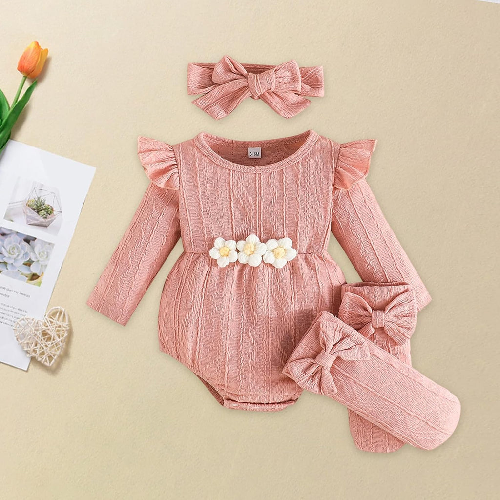 Newborn Infant Baby Girl Cotton Baby Romper Knitted 3d Flower Clothes Long Sleeve Warm Sweater Outfit With Socks