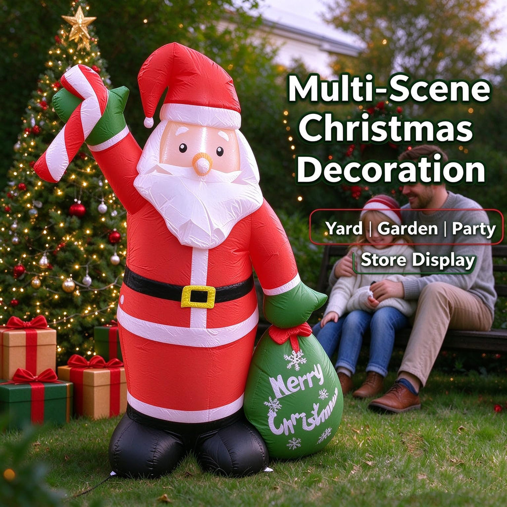 4FT Christmas Inflatable Santa Claus Yard Decoration, Blow‐up Santa with LED Light, Candy Cane & Gift Bag, Polyester