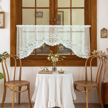 Cream Lace Valance Curtains for Windows, Vintage Sheer Voile Floral Embroidery Kitchen Swag Window Treatments for