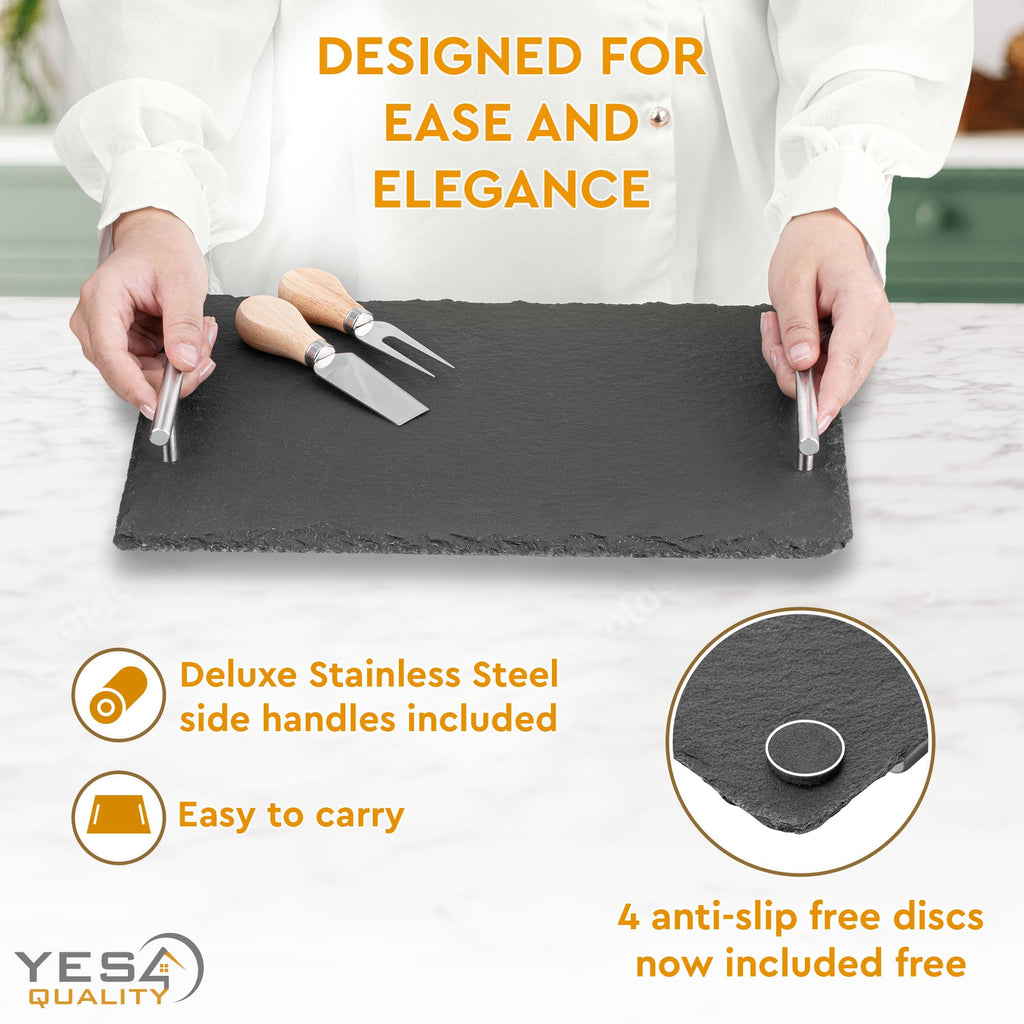 Charcuterie Cheese Board Set, 14" x 10", Black, Natural Stone Slate Tray