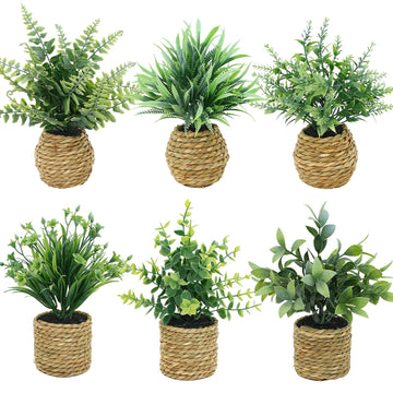 6 Packs Small Artificial Potted Plants in Handwoven Seagrass Baskets, Realistic Fake Plants Faux Greenery with