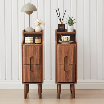 Narrow Nightstand Set of 2, Wood 2 Drawer Small Nightstand, Slim Side Table, Modern Skinny End Bedside Table, Natural