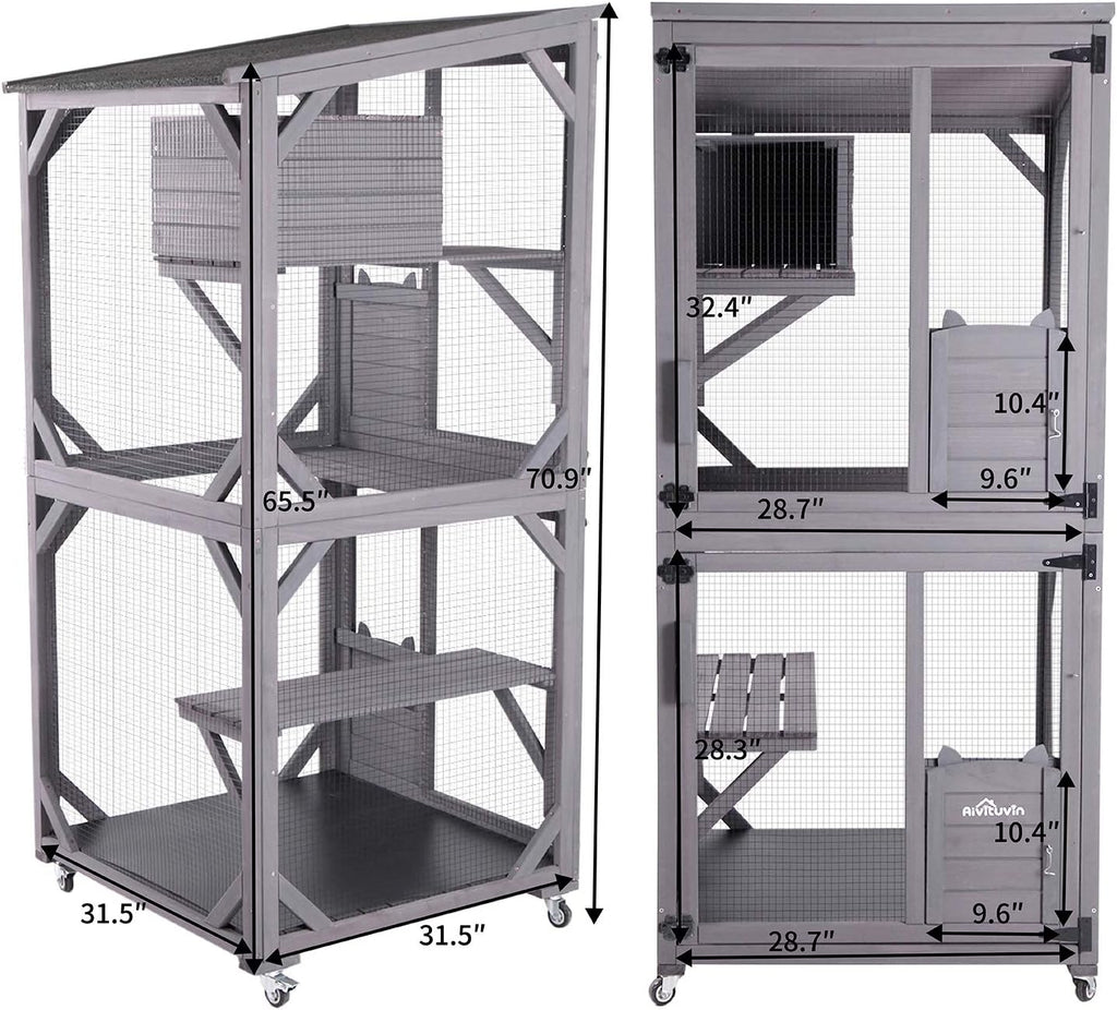 Cat Catio Kitty House Outdoor and Indoor Run Large Wooden Cat Enclosure on Wheels 70.9" Upgraded Version Kennel Cage