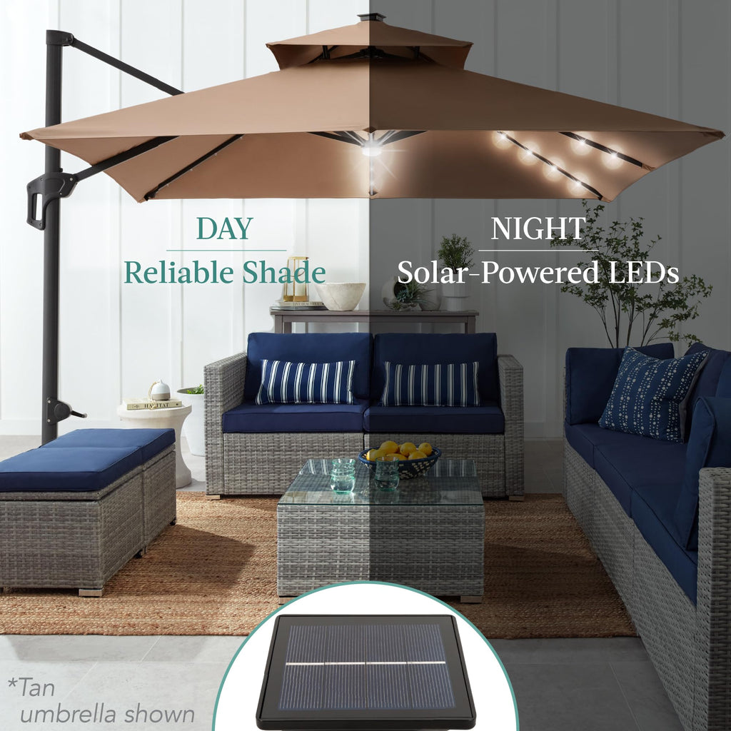 10x10ft Cantilever Patio Umbrella w/Base Included, Solar LED Lights 360 Rotation Large Offset Hanging Outdoor Shade