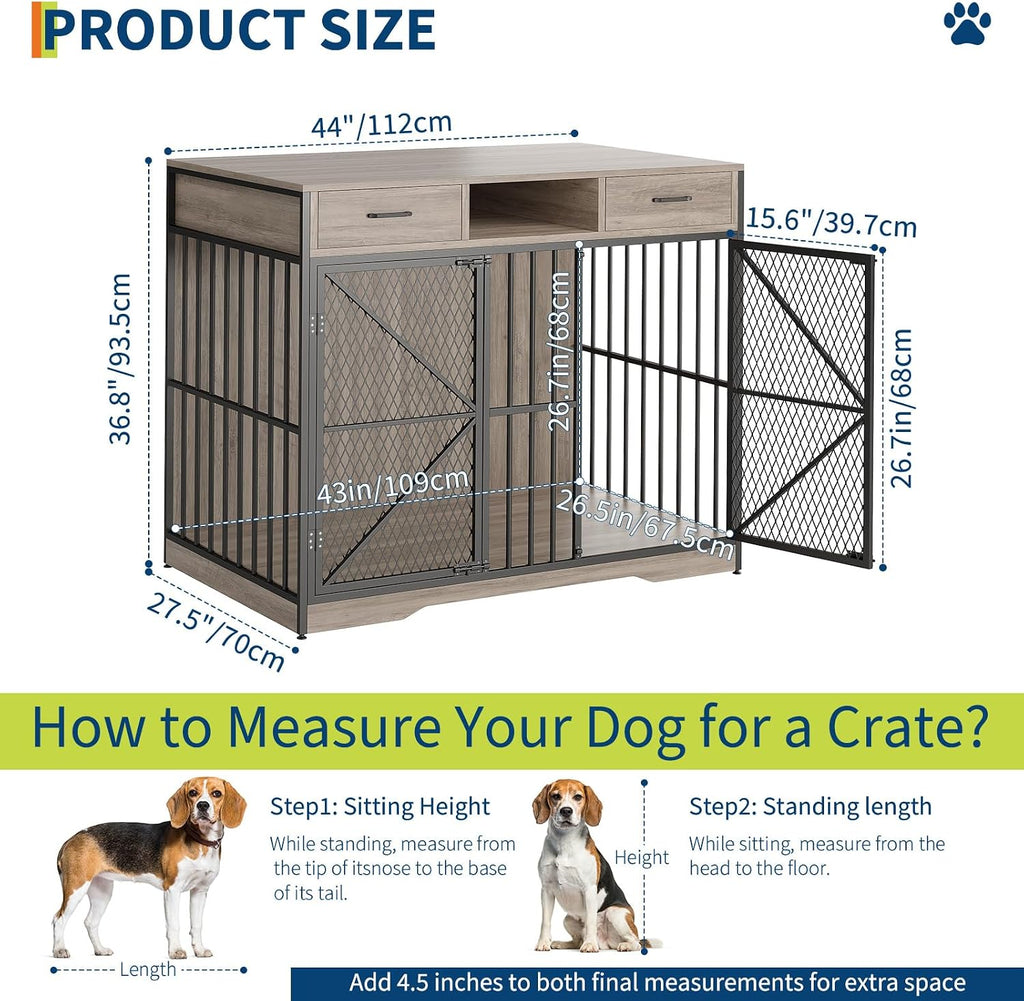 44 Inch Dog Crate Furniture with Drawers and Open Storage, Heavy Duty Indoor Dog Kennel with Double Doors, Furniture