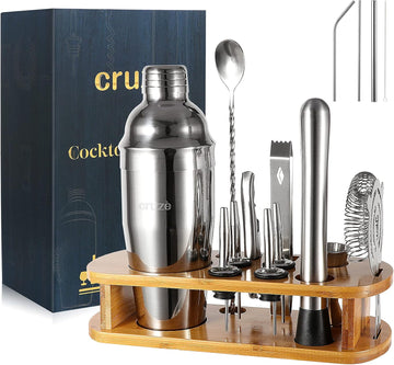 12-Piece Cocktail Shaker Set with Stand - 25oz Bartender Kit Including Shaker Jigger Muddler Bar Spoon Strainer Tongs - Set of 12