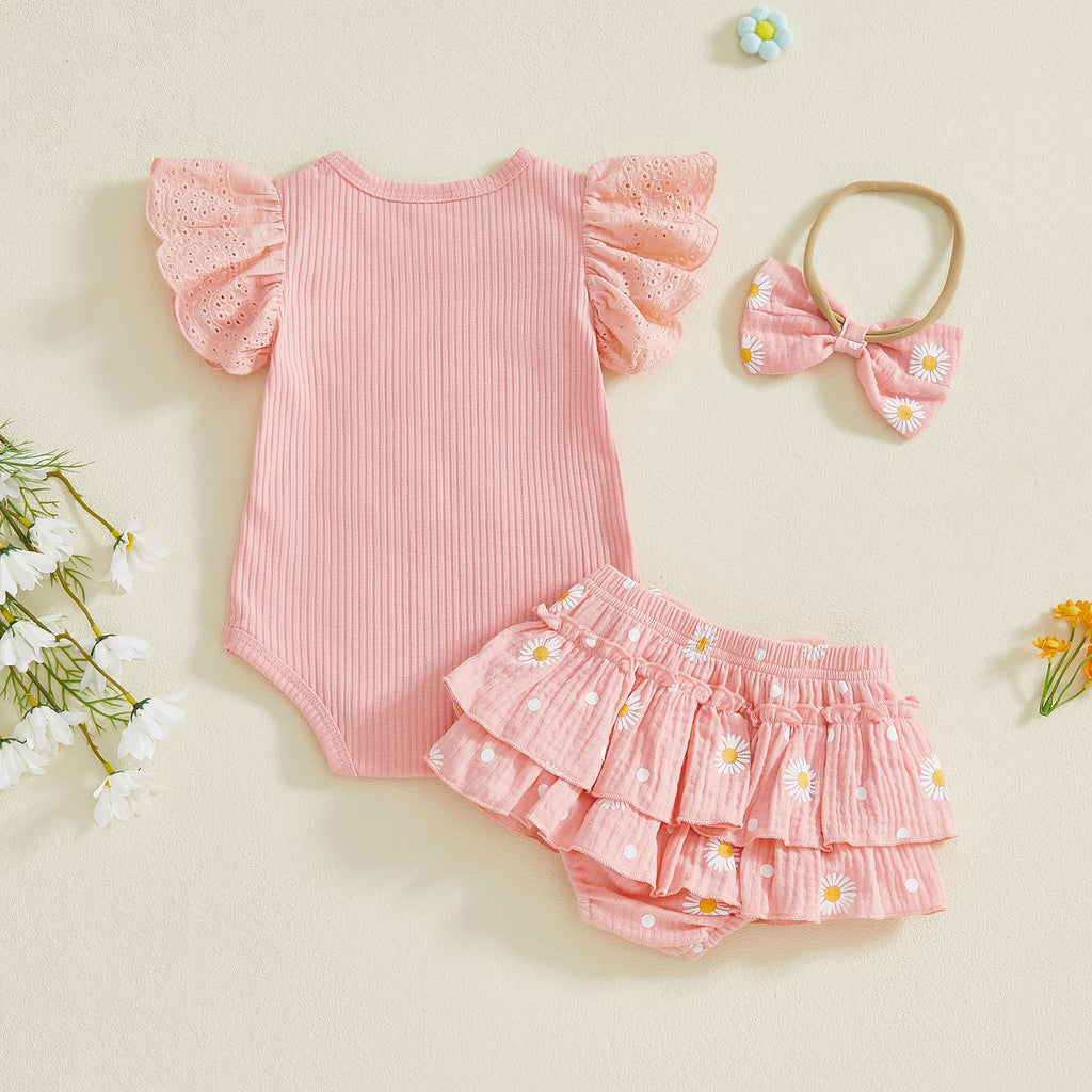 She is Here Newborn Outfit Baby Girl Clothes 0 3 6 9 12 Ruffle Sleeve Romper Headband Shorts Set (Pink, 3-6