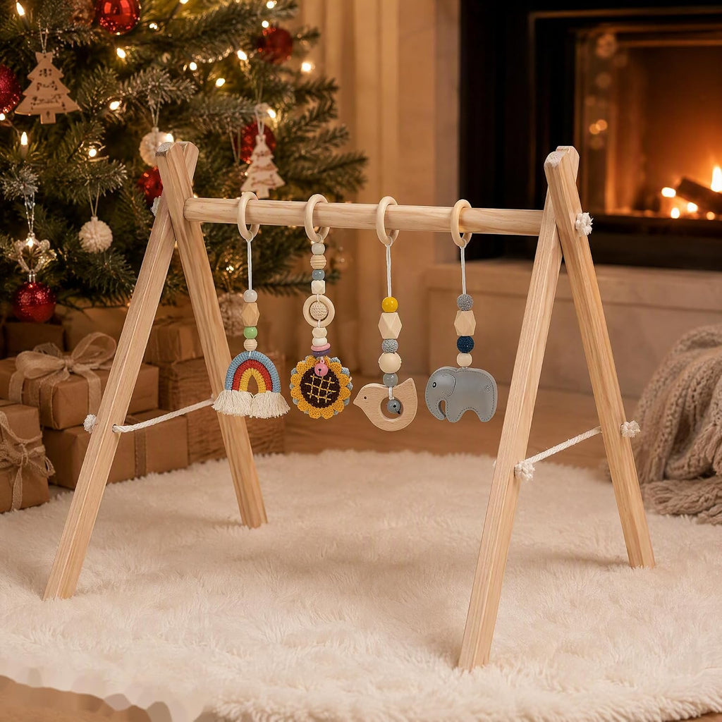Wooden Baby Gym with 4 Hanging Toys, Natural Solid Wood Non-Toxic Play Gym for Tummy Time, Foldable Baby Activity