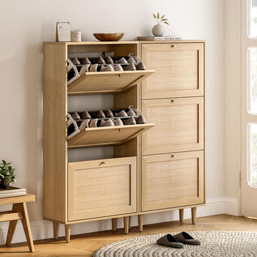 Rattan Shoe Cabinet Set of 2 Narrow Shoe Storage Cabinet with 6 Flip Drawers Hidden Freestanding Shoe Rack Organizer