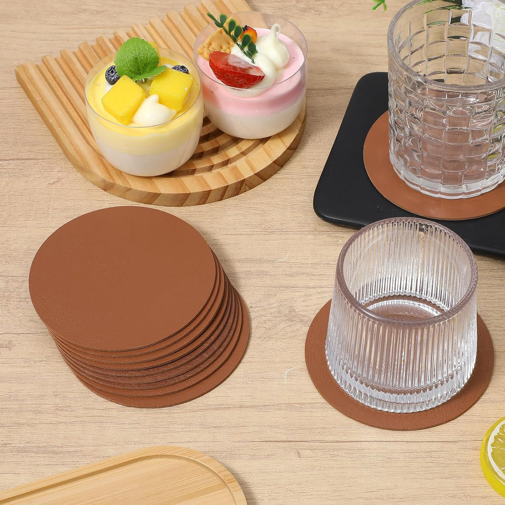 PU Leather Coasters, 4 Inch Round Leather Coasters 10 mm Thickness Brown Drink Coaster, Coffee, Tabletop - Set of 60